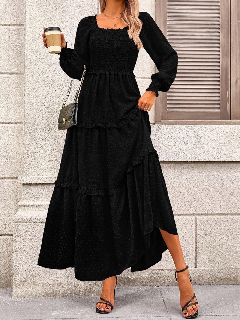 🖤 Long Black Swiss Dot Dress Long Sleeve Smocked Square Neck Tiered Size XL